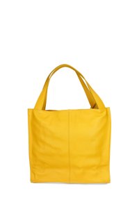 Gele leren tote bag met twee korte handvatten, met een gestructureerd oppervlak en een eenvoudige, rechthoekige vorm.