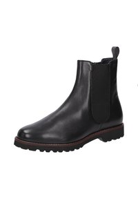 Zwart leren enkellaars met elastische zijpanelen, ronde neus, textuur rubberen zool en contrasterende stiksels langs de rand.