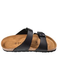 Sandalo nero con due cinturini regolabili, soletta in sughero e suola in gomma testurizzata. Presenta il marchio "palado" sul lato.