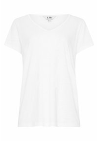Valkoinen lyhythihainen t-paita V-kaula-aukolla. Valmistettu pehmeästä materiaalista, jossa on väljä istuvuus ja ilman kuvioita tai koristeita.