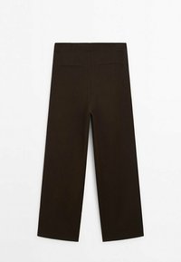 Tummanruskeat leveälahkeiset housut, joissa on sileä pinta, kahdella takataskulla ja puhtaalla muotoilulla ilman näkyviä kiinnityksiä.