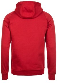 Sudadera roja con un diseño ajustado, capucha con cordón y puños acanalados. Hecha de una tela suave, presenta una textura lisa y sin patrones visibles.