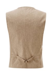 Beige ärmellose Weste aus strukturiertem Stoff. Verfügt über eine definierte Rückennaht und ein gebundenes Detail an der Taille. Glattes, minimalistisches Design.