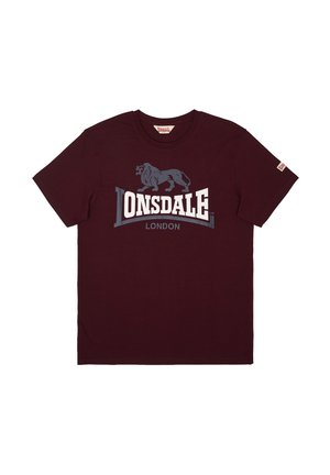 Dark maroon short-sleeve T-shirt with "LONSDALE LONDON" text and a roaring lion logo in gray on the chest.