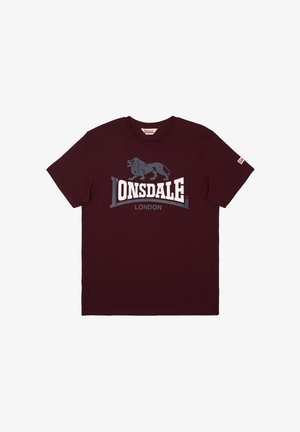 Dark maroon short-sleeve T-shirt with "LONSDALE LONDON" text and a roaring lion logo in gray on the chest.