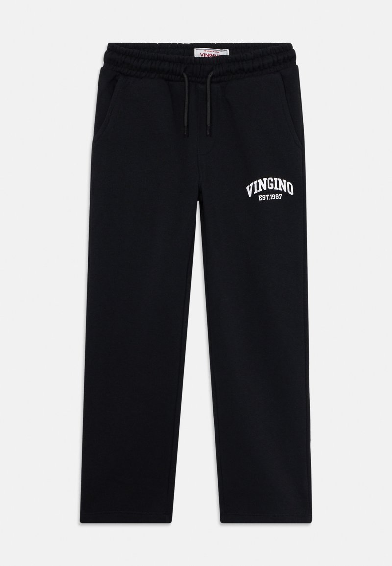Čierne tepláky Vingino s elastickým pásom, sťahovacou šnúrkou, vreckami a bielym logom "VINGINO EST. 1997" na ľavom stehne.