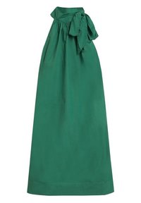 Grünes Trägerkleid mit einer Schleife am Halsauschnitt, gerafftem Stoff und einer fließenden Silhouette, hergestellt aus glattem, leichtem Material.