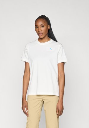 Witte katoenen T-shirt met een ronde hals en korte mouwen, voorzien van een klein blauw logo op de borst en een relaxte pasvorm.