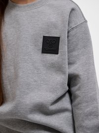 Close-up af en person iført en grå sweatshirt med en sort firkantet patch med en stiliseret bi-logo og teksten "hummel" på brystet.