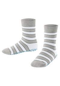 Grijs en witte gestreepte sokken met een geribbelde boord enTextuur blauwe stippen op de zool voor grip. Katoenen mixmateriaal.