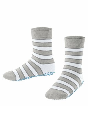 Grijs en witte gestreepte sokken met een geribbelde boord enTextuur blauwe stippen op de zool voor grip. Katoenen mixmateriaal.