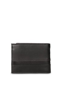 Portafoglio in pelle nera con texture liscia, caratterizzato da un design a strisce orizzontali e cuciture decorative lungo i bordi. Forma rettangolare compatta.