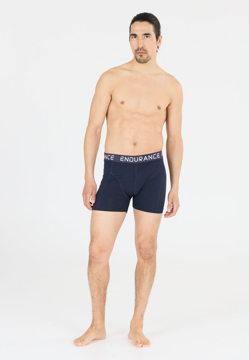 Navy blue men's boxer briefs with "ENDURANCE" logo on the elastic waistband. Features a snug fit and soft cotton material.