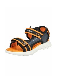 Černé a oranžové sandály s textilními popruhy, síťovaným svrškem a polstrovanou oranžovou stélkou. Obsahují odolnou bílou gumovou podrážku. Voděodolný design.