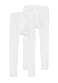 Deux paires de sous-vêtements longs en coton blanc avec une texture côtelée, présentant une taille élastique et une ouverture pratique.