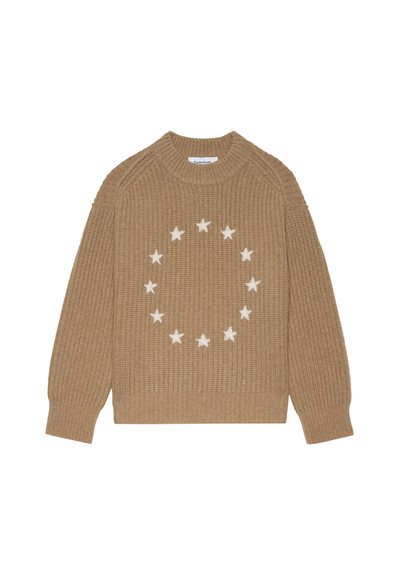 Pull en maille marron avec une texture côtelée et un motif circulaire d'étoiles blanches sur le devant. Encolure ras du cou et manches longues.
