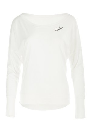 Long-sleeve white top made of soft fabric, featuring a wide neckline, relaxed fit, and a black "Winshape" logo on the front.