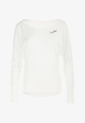 Garais piedurknes balts krekls, kas izgatavots no mīksta auduma, ar plašu apkakli, brīvu piegriezumu un melnu "Winshape" logotipu priekšpusē.