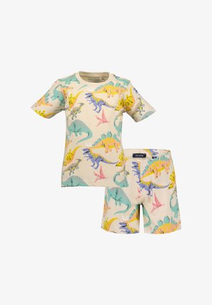 Tričko s krátkým rukávem a odpovídající kraťasy z měkké béžové bavlny, zdobené barevnými dinosaury v modré, zelené, žluté a růžové barvě.