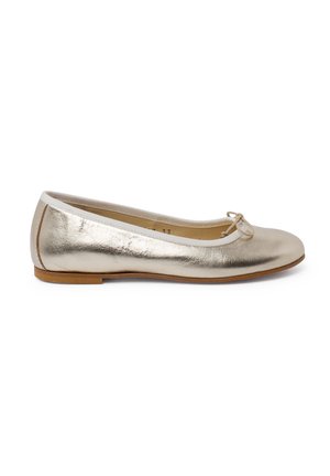 Metallic gold ballet flat with a round toe, small bow detail at the front, and a soft, flexible outsole for comfort.