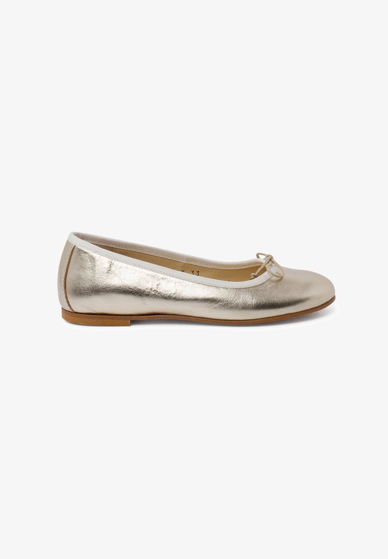 Metallic gold ballet flat with a round toe, small bow detail at the front, and a soft, flexible outsole for comfort.
