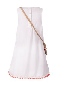 Valkoinen hihaton mekko, jossa on tekstuurinen kangas, selässä nappikiinnitys ja värikäs pom-pom-reuna helman kohdalla. Mukana beige hihna.
