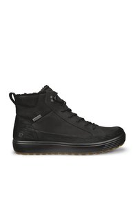 Schwarzer High-Top-Sneaker mit Schnürung vorne, Gore-Tex-Label, gepolstertem Kragen und strukturierter Gummisohle für den Außeneinsatz.
