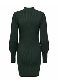Robe en tricot côtelé vert foncé avec un col haut, des manches longues bouffantes et une silhouette ajustée. Texture lisse sur l'ensemble.