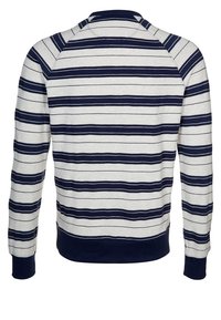Felpa a righe in grigio e blu navy. Presenta maniche lunghe, colletto a girocollo a coste e orlo. Le righe orizzontali sono uniformemente distribuite.