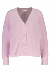 Růžový pletený cardigan s výstřihem do V, pěti knoflíky po přední straně a žebrovanými manžetami. Měkká textura a volný střih.