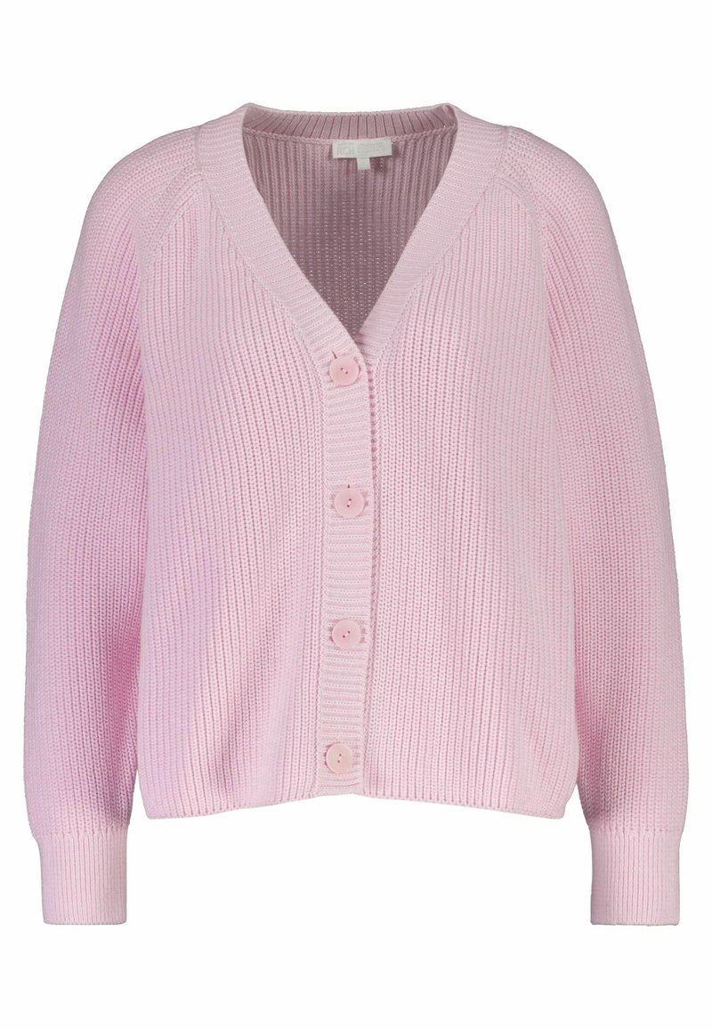 Růžový pletený cardigan s výstřihem do V, pěti knoflíky po přední straně a žebrovanými manžetami. Měkká textura a volný střih.