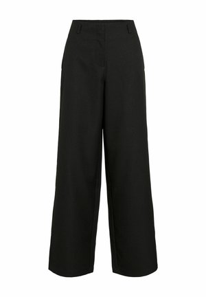 Pantalon noir à jambes larges en tissu lisse, doté d'une taille haute, de deux poches latérales et d'une silhouette épurée et ajustée.