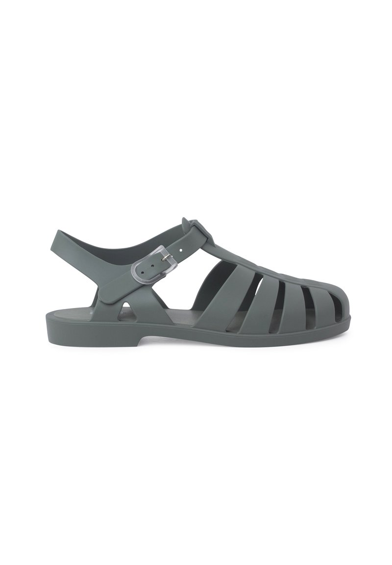 Gray plastic sandals with cut-out design, featuring a strap with an adjustable buckle. Flat sole and open-toe style for breathability.