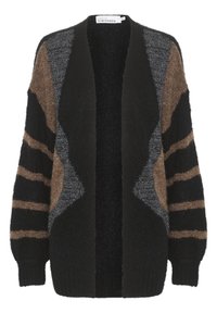Cardigan nero con una combinazione di strisce grigie e marroni, realizzato in un morbido materiale testurizzato, con apertura frontale e maniche ampie.