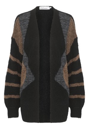 Cardigan noir avec un mélange de rayures grises et marron, confectionné dans un matériau doux et texturé, avec une ouverture frontale et des manches larges.