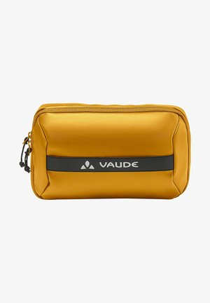 Pochette rectangulaire jaune avec une finition lisse et mate. Présente une bande noire avec le logo "VAUDE", une fermeture éclair et un cordon réglable.
