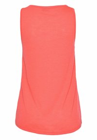 Coral sleeveless tank top made from soft, lightweight fabric. Features a rounded neckline and a relaxed fit with a curved hem.
