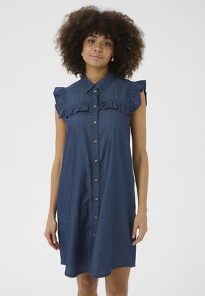 Jeanshemdkleid, dunkelblau, mit gerafften Kurzärmeln und Knopfleiste. Verfügt über einen spitzen Kragen und einen geschwungenen Saum für eine bequeme Passform.