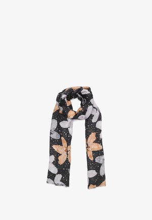 Sciarpa nera con motivi floreali in beige e grigio, accentuata da pois bianchi; tessuto leggero e morbido con bordi sfrangiati.