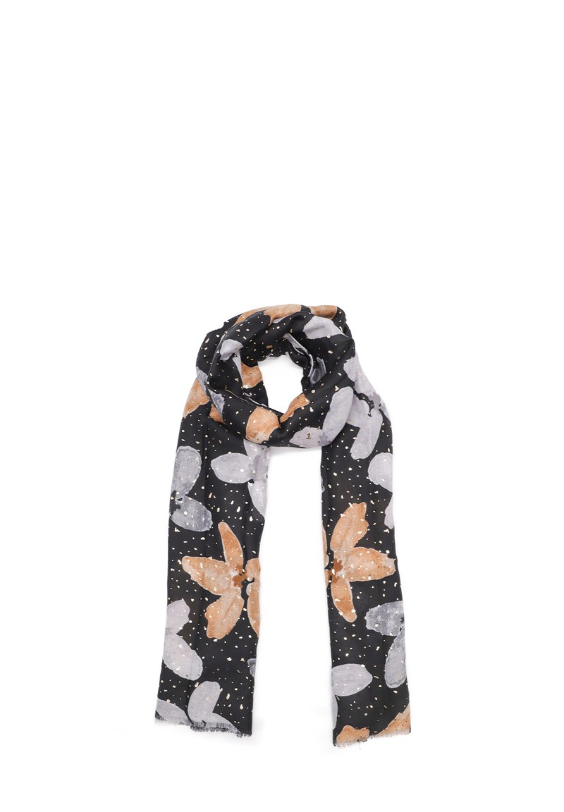Sciarpa nera con motivi floreali in beige e grigio, accentuata da pois bianchi; tessuto leggero e morbido con bordi sfrangiati.