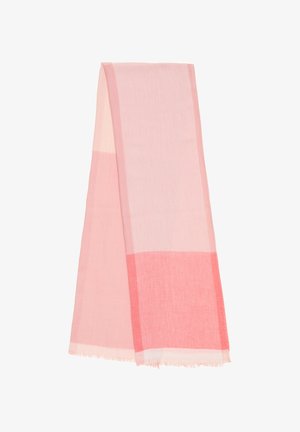 Sciarpa leggero e tessuta in diverse sfumature di rosa con un sottile motivo a scacchi. I bordi sono frangiati per aggiungere texture e dettagli.