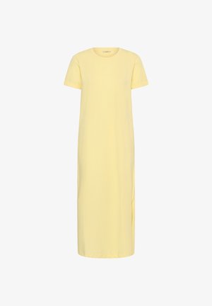 Hellgelbes, kurzärmeliges, knöchellanges Kleid mit rundem Ausschnitt und kleinem seitlichem Schlitz rechts.