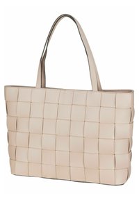 Sac fourre-tout tissé en cuir beige doux avec une texture lisse, deux anses pour épaule et une forme rectangulaire. Présente un motif en grille.