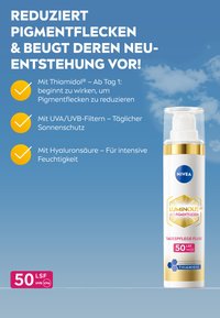 NIVEA Luminous 630 Anti-Pigment Flecken fluid in a white bottle with a gold accent, pump dispenser, and pink SPF 50 label.
