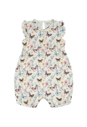 Tutina bianca per neonati con maniche a volant, decorata con una stampa colorata di farfalle e fiori in tonalità rosa, blu, giallo e marrone.