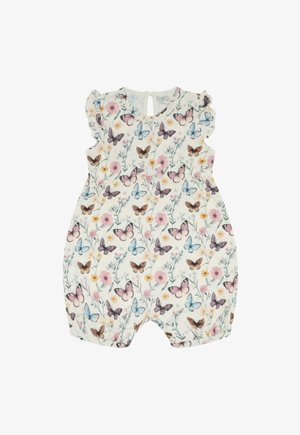 Tutina bianca per neonati con maniche a volant, decorata con una stampa colorata di farfalle e fiori in tonalità rosa, blu, giallo e marrone.