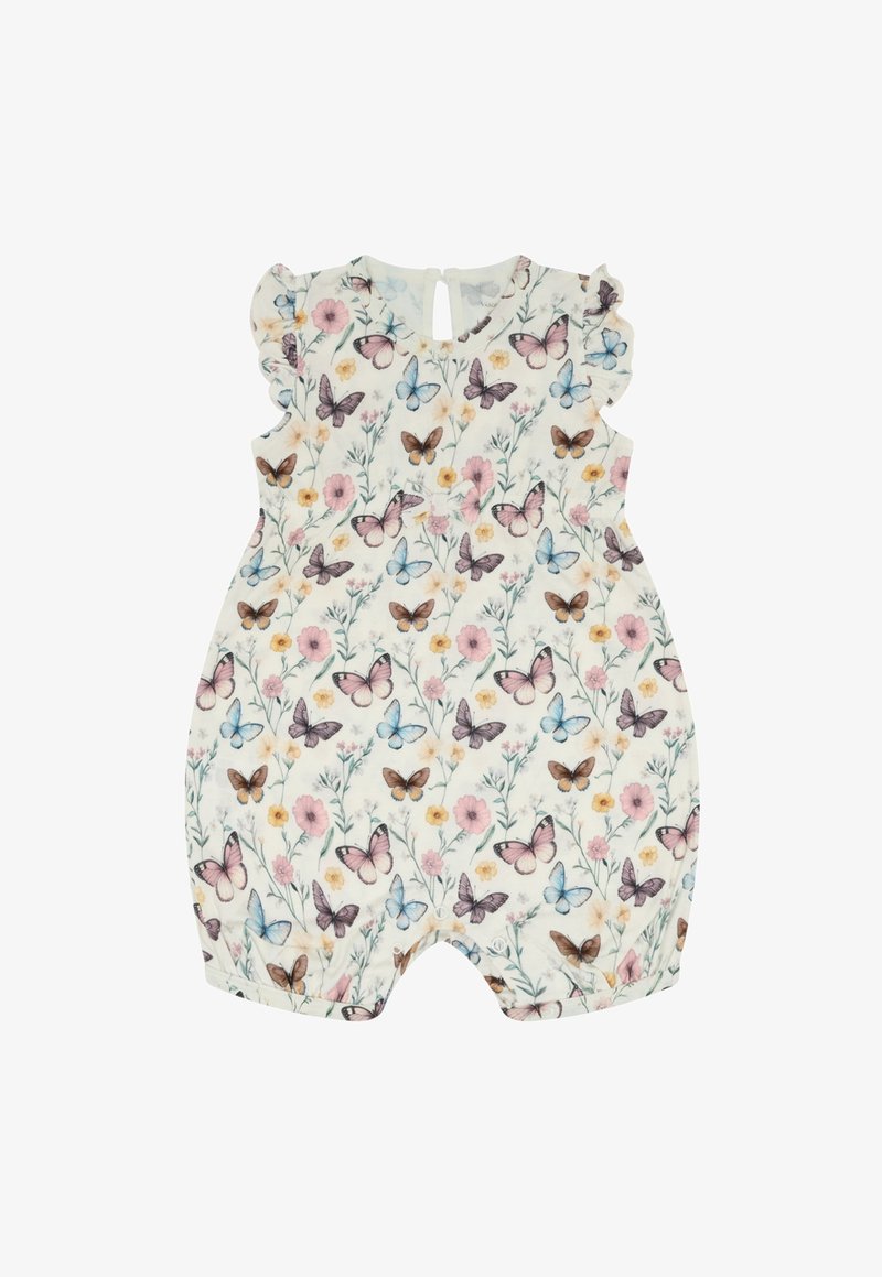 Body blanc pour bébé avec manches volantées, présentant un imprimé coloré de papillons et de fleurs en tons rose, bleu, jaune et marron.