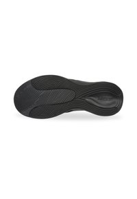 Suola di scarpa sportiva nera con motivi curvi, superficie testurizzata e logo del marchio. Materiale in gomma flessibile per aderenza e durata.