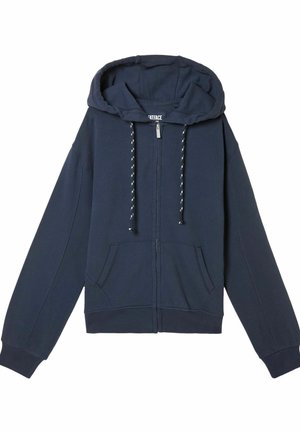 Navy blue zip-up hoodie made of soft fabric, featuring a drawstring hood, front pockets, and ribbed cuffs. Simple, casual design.