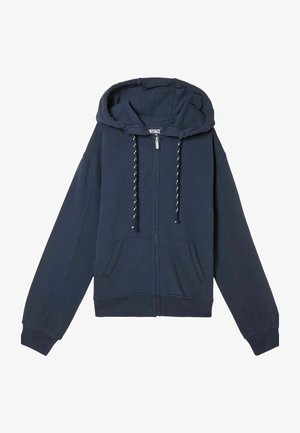 Tengerészkék cipzáras kapucnis pulóver puha anyagból, húzózsinóros kapucnival, elülső zsebekkel és bordázott mandzsettákkal. Egyszerű, hétköznapi dizájn.